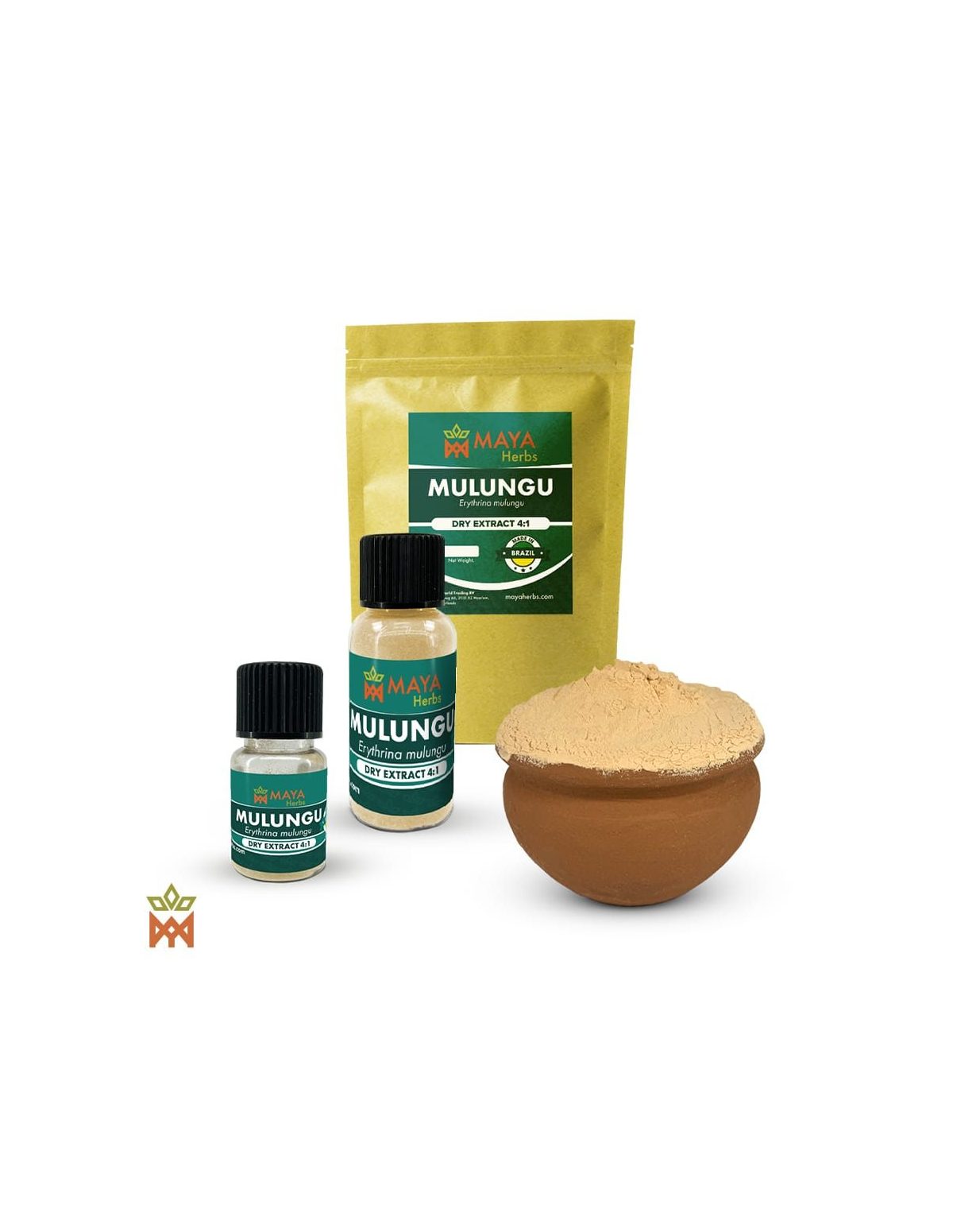 Extrait sec 4:1 d’écorce de mulungu (Erythrina mulungu) – sachet Maya Herbs, deux flacons et poudre dans un pot en terre cuite