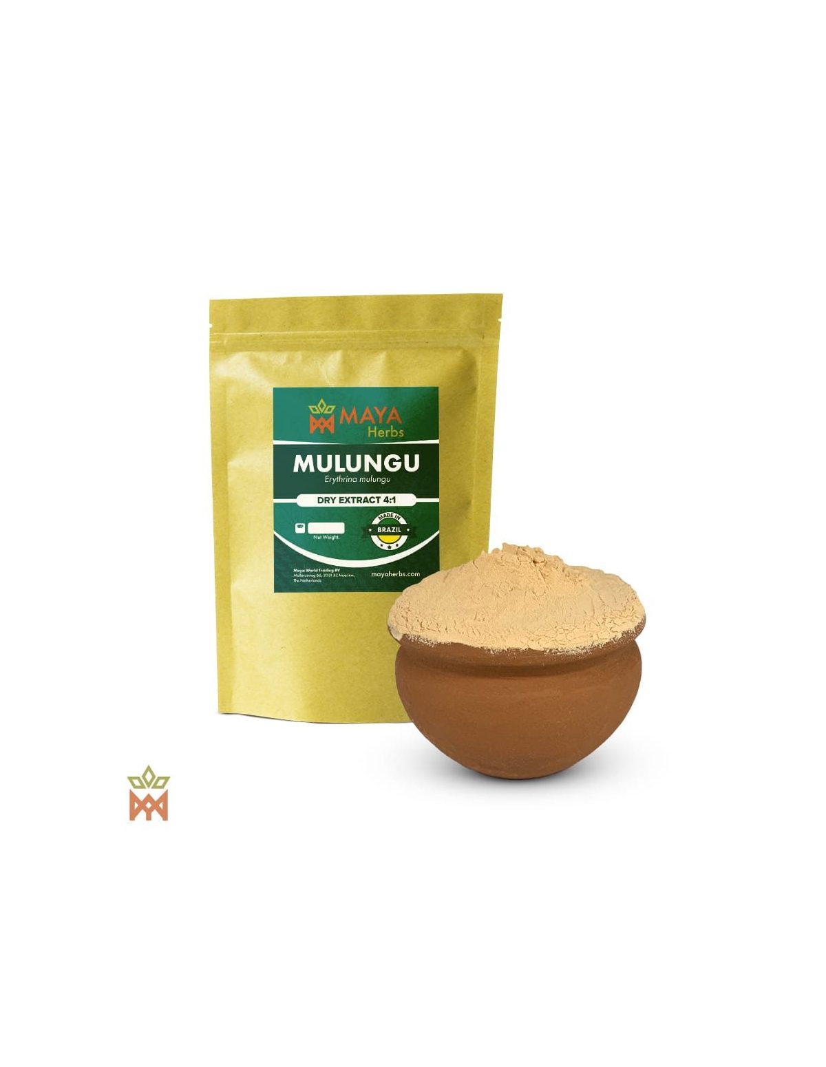 Extrait sec 4:1 d’écorce de mulungu (Erythrina mulungu) – sachet Maya Herbs et poudre pâle dans un pot en terre cuite