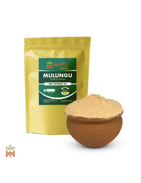 Extrait sec 4:1 d’écorce de mulungu (Erythrina mulungu) – sachet Maya Herbs et poudre pâle dans un pot en terre cuite