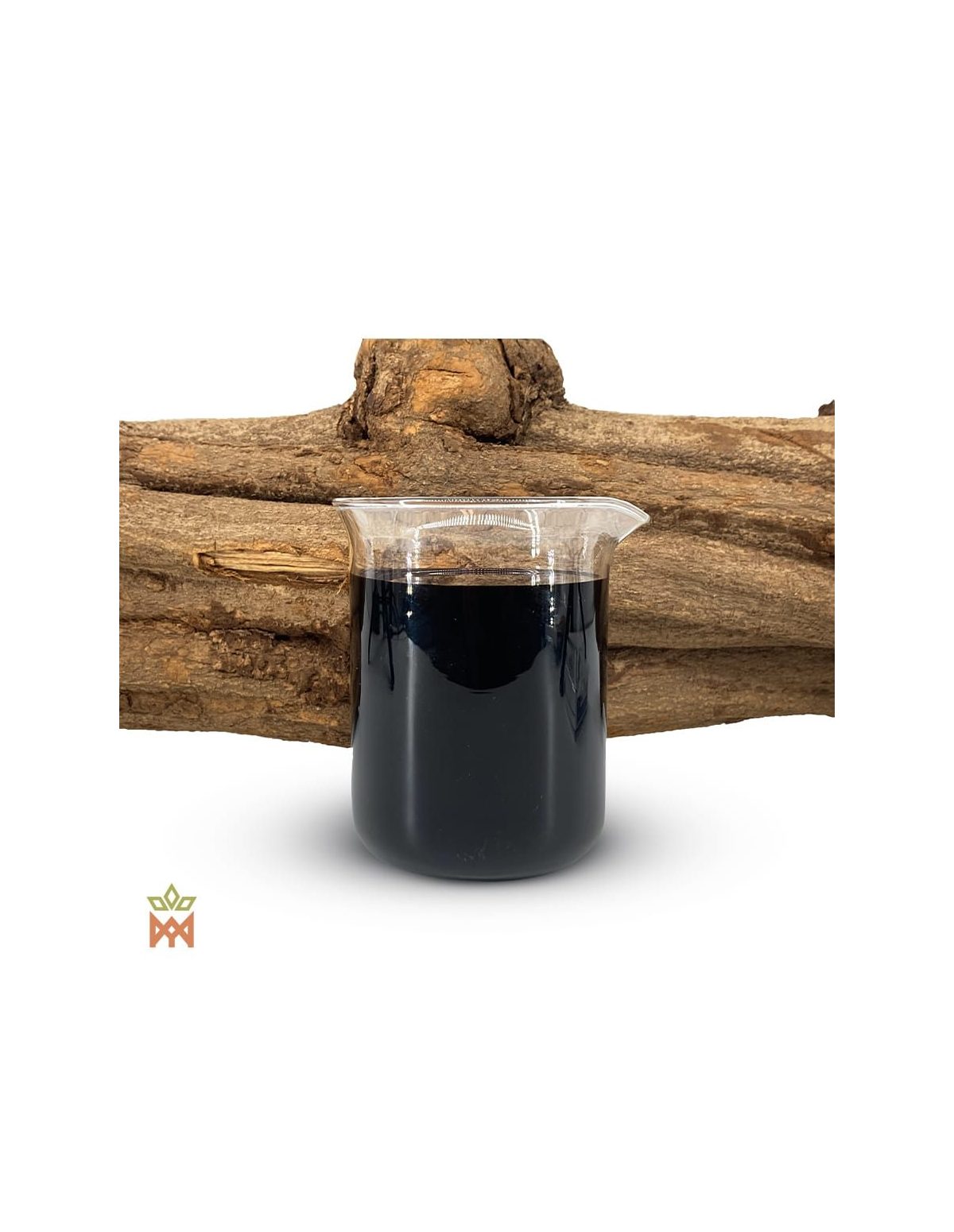 Caapi rouge du Pérou – Extrait liquide 12:1, Banisteriopsis caapi – bécher d’extrait devant un tronçon de liane