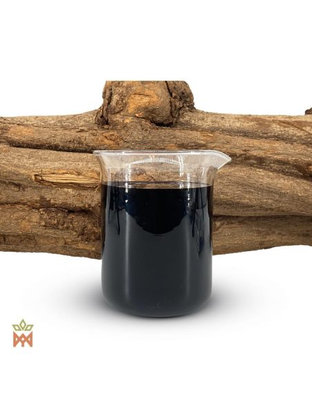 Caapi rouge du Pérou – Extrait liquide 12:1, Banisteriopsis caapi – bécher d’extrait devant un tronçon de liane