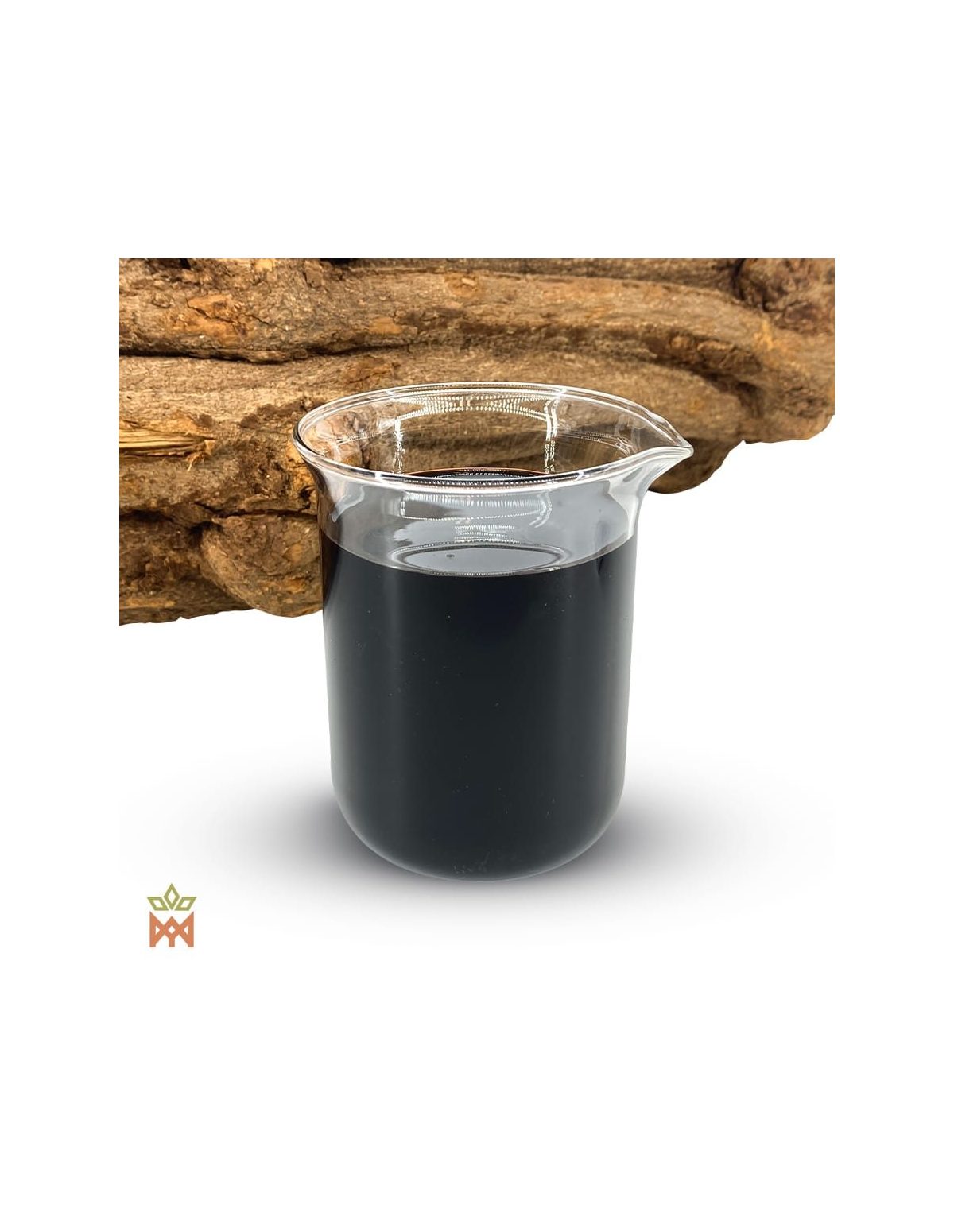Caapi rouge du Pérou – Extrait liquide 12:1, Banisteriopsis caapi – bécher d’extrait foncé contre un tronçon de liane