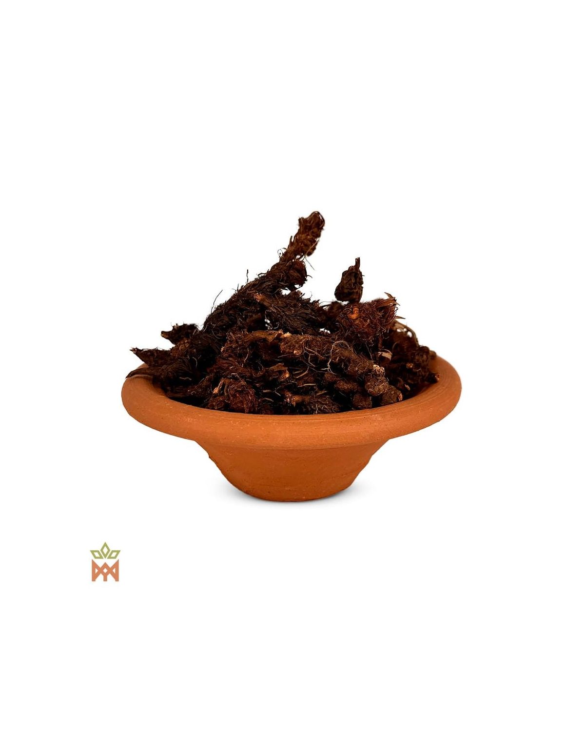 Piri-piri du Pérou (Cyperus articulatus) – morceaux de racine fibreux et foncés dans un bol en terre cuite
