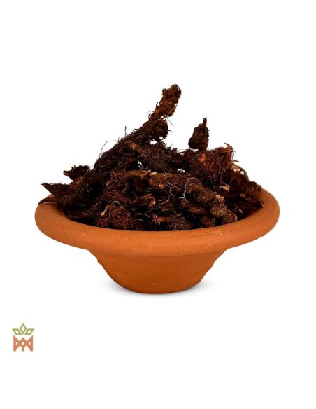 Piri-piri du Pérou (Cyperus articulatus) – morceaux de racine fibreux et foncés dans un bol en terre cuite
