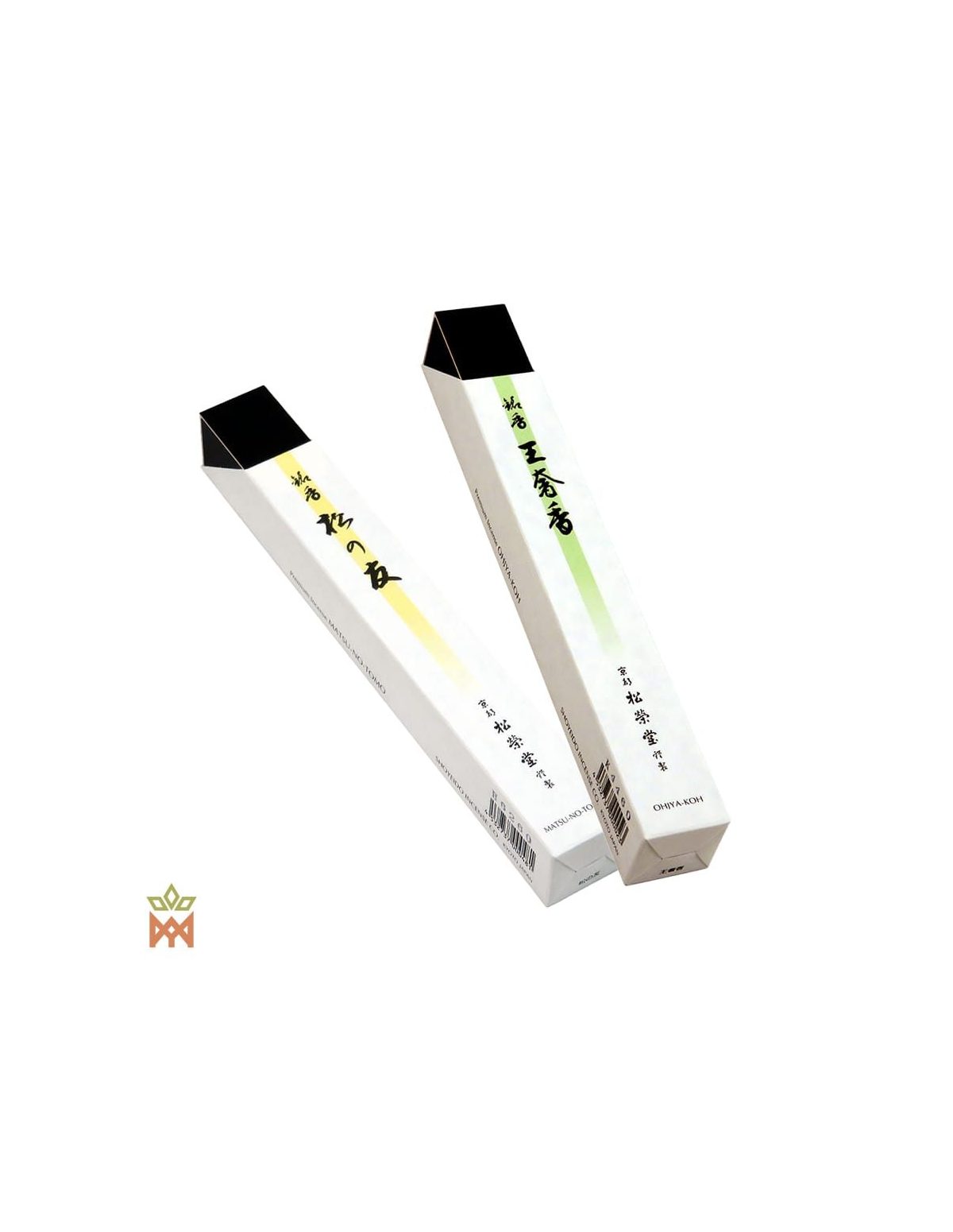 Encens Shoyeido King’s Aroma et Friend of Pine – deux boîtes blanches à bande verte et jaune