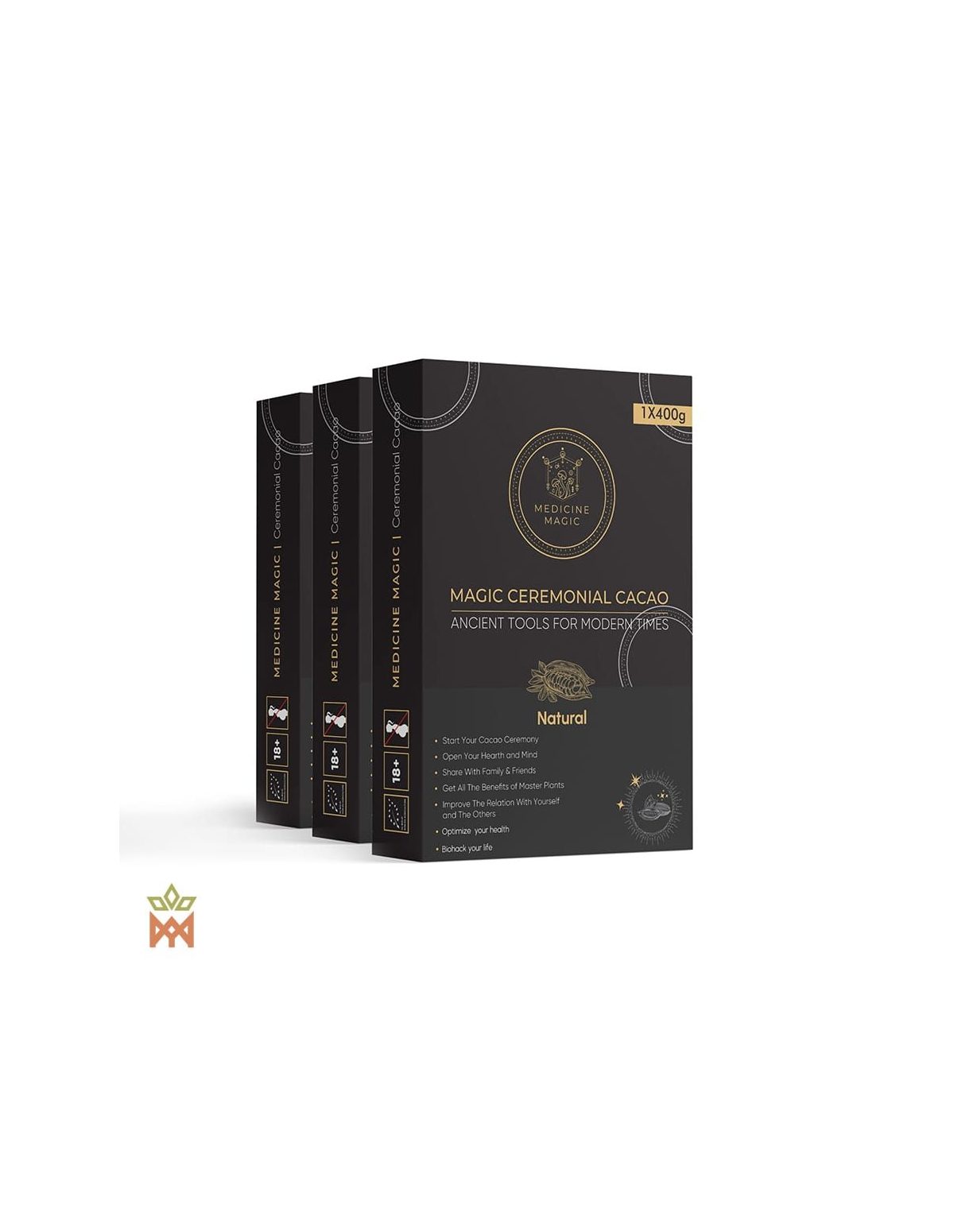 Cacao cérémoniel de Colombie, édition Natural – Medicine Magic – trois boîtes de 400 g, vue de face
