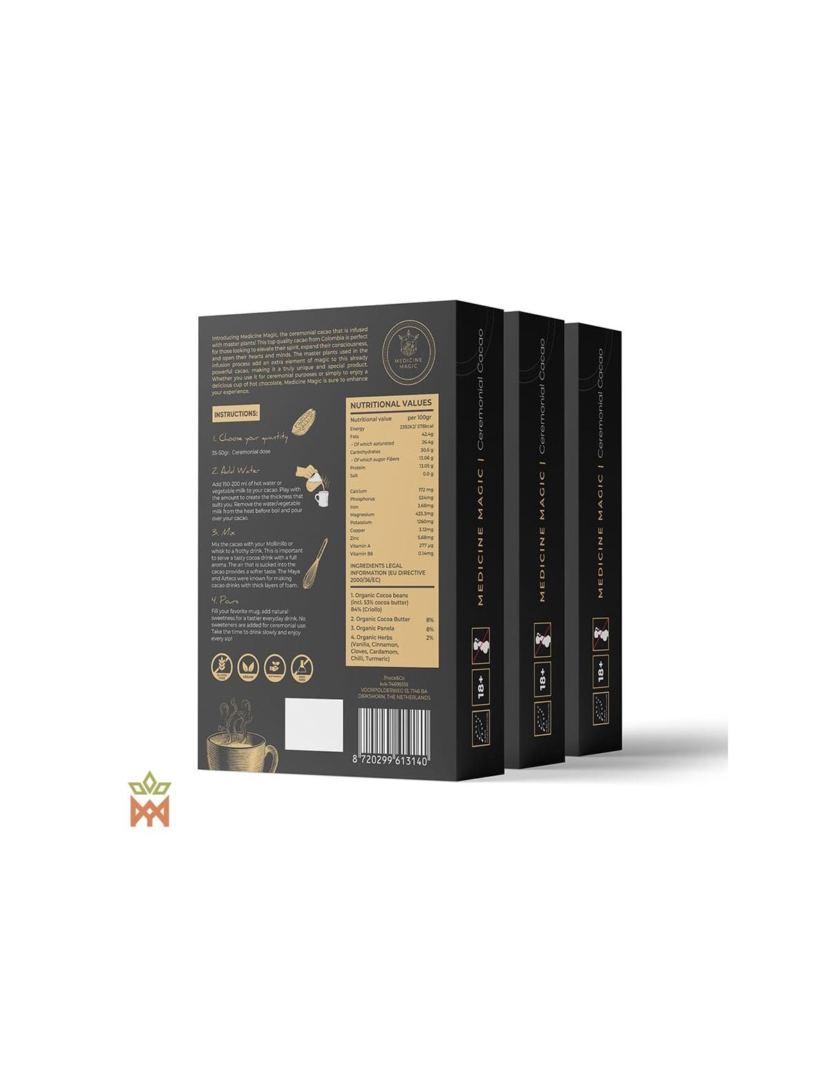 Cacao cérémoniel de Colombie, édition Natural – Medicine Magic – dos des boîtes avec la liste des ingrédients