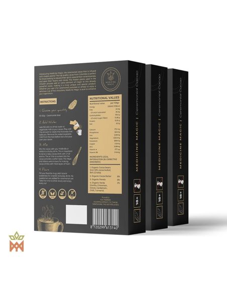 Cacao cérémoniel de Colombie, édition Natural – Medicine Magic – dos des boîtes avec la liste des ingrédients