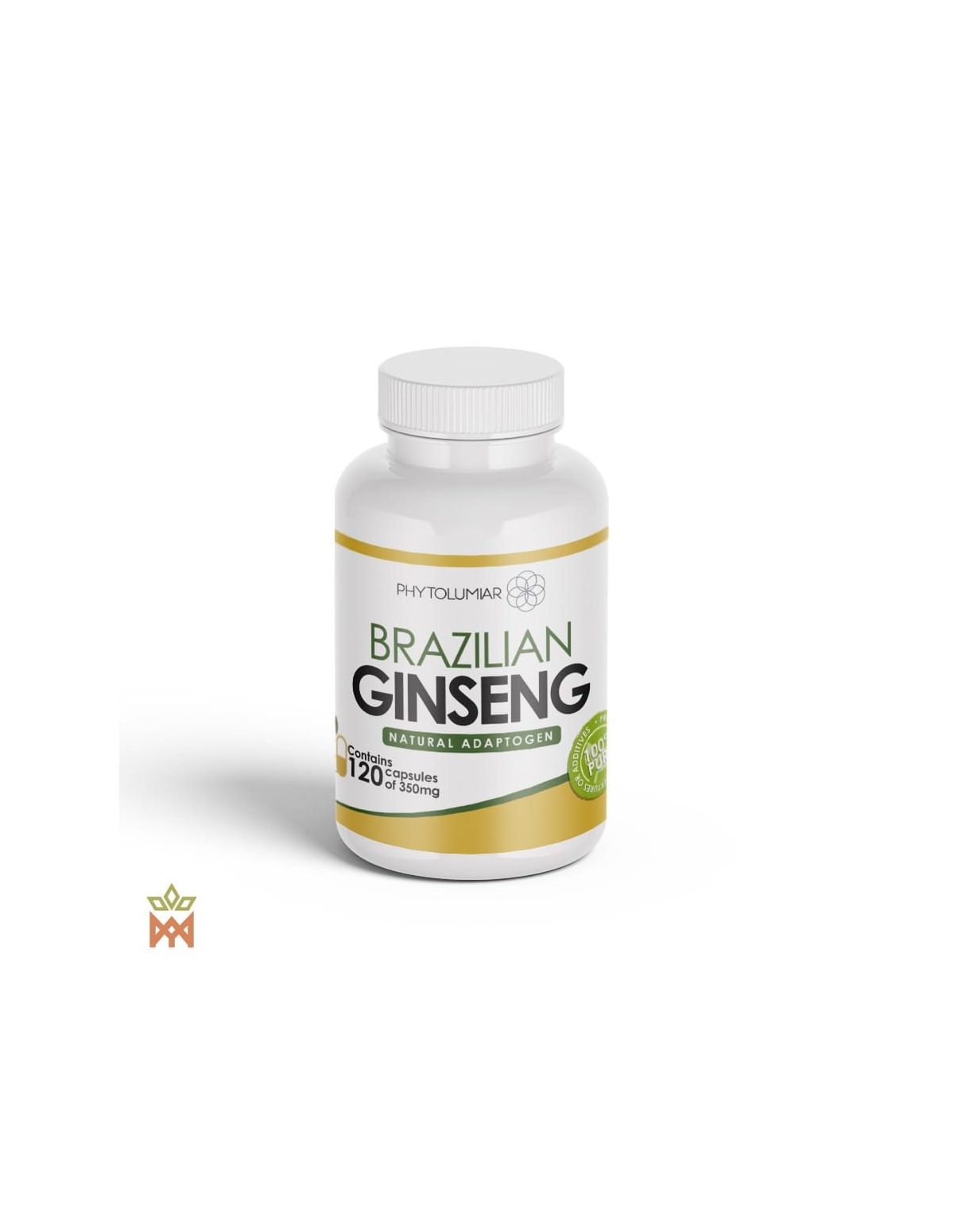 Gélules de suma du Brésil – pot Phytolumiar, étiquette avant « 120 capsules of 350 mg »