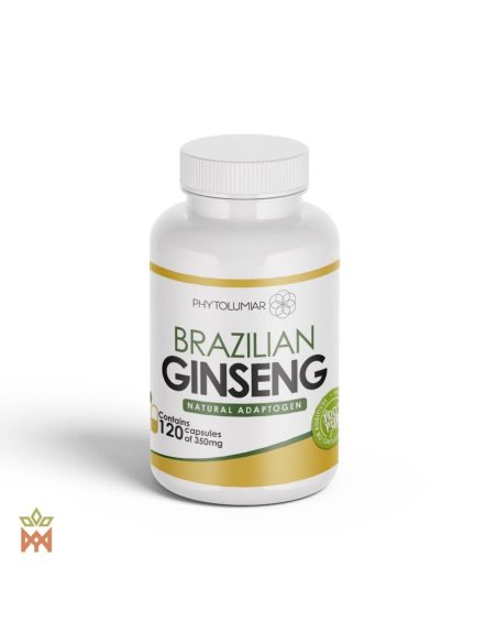 Gélules de suma du Brésil – pot Phytolumiar, étiquette avant « 120 capsules of 350 mg »