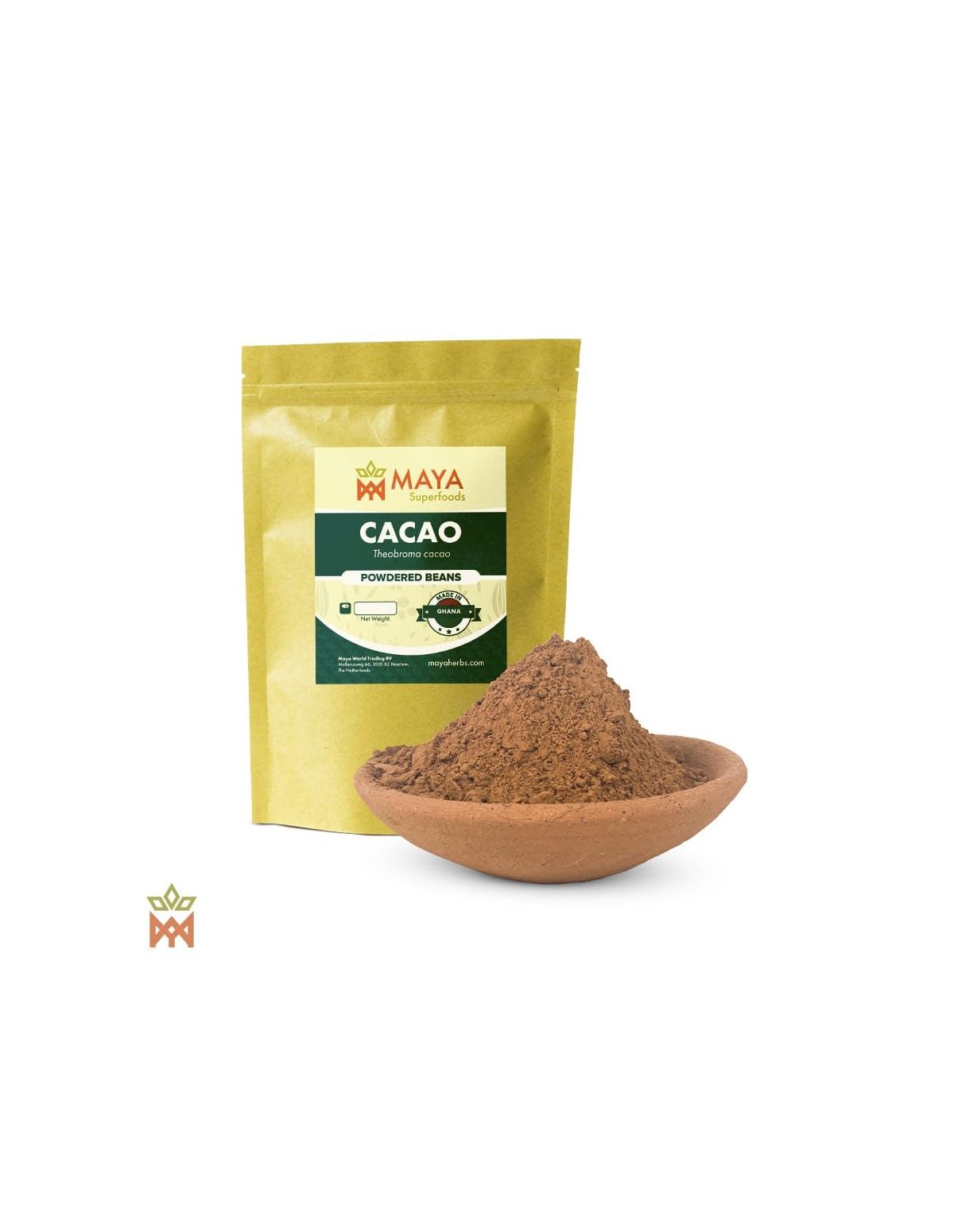Cacao du Ghana – Fèves en poudre – sachet étiqueté et poudre dans un bol en terre cuite