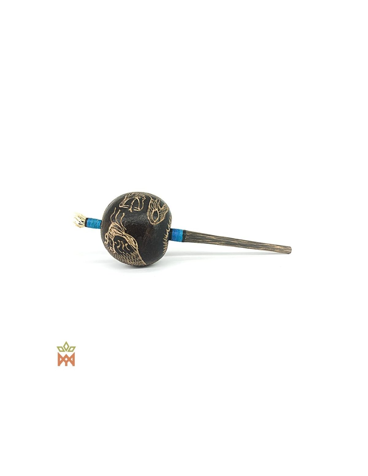 Maraca péruvienne en calebasse – Hochet artisanal – face opposée gravée de plantes et d’animaux