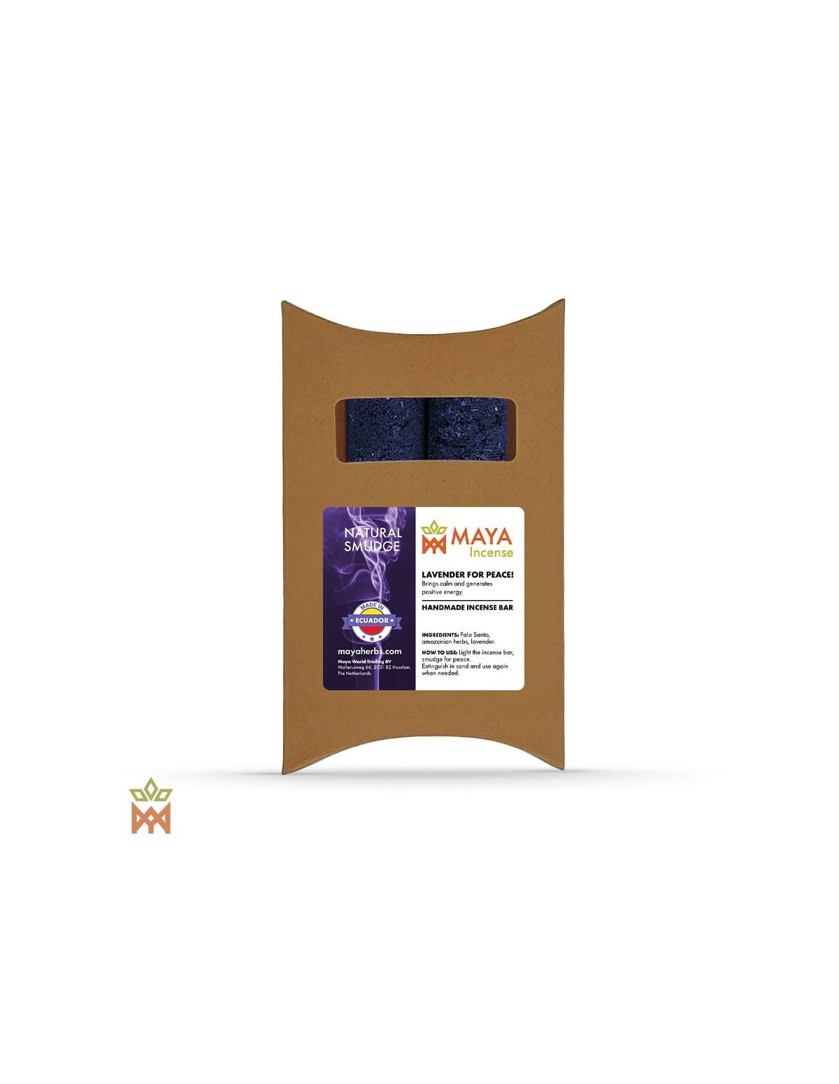 Barres d’encens lavande et palo santo d’Équateur – boîte kraft à fenêtre, étiquette Maya Incense