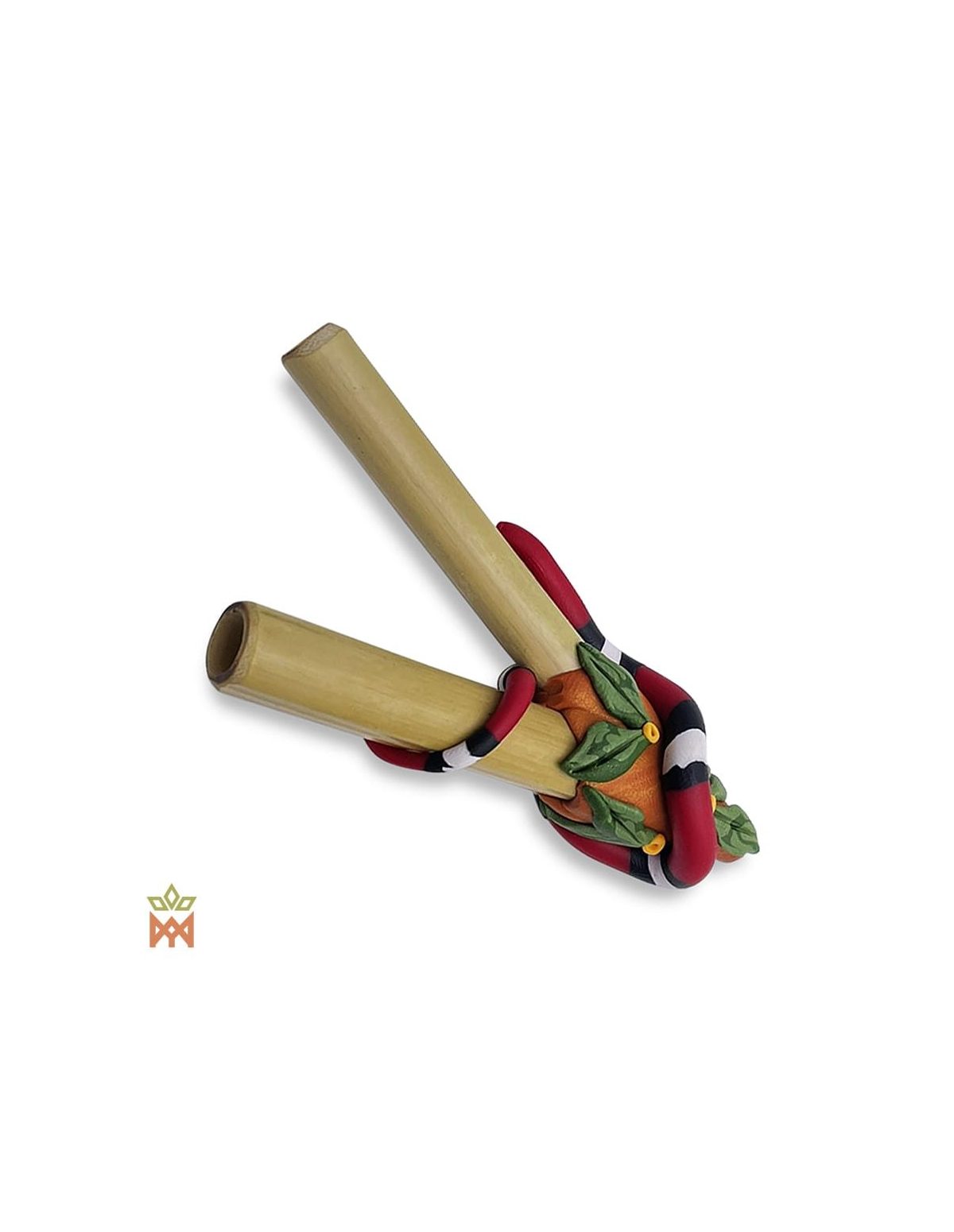 Kuripe serpent corail – vue d’ensemble, tubes en bambou et serpent modelé