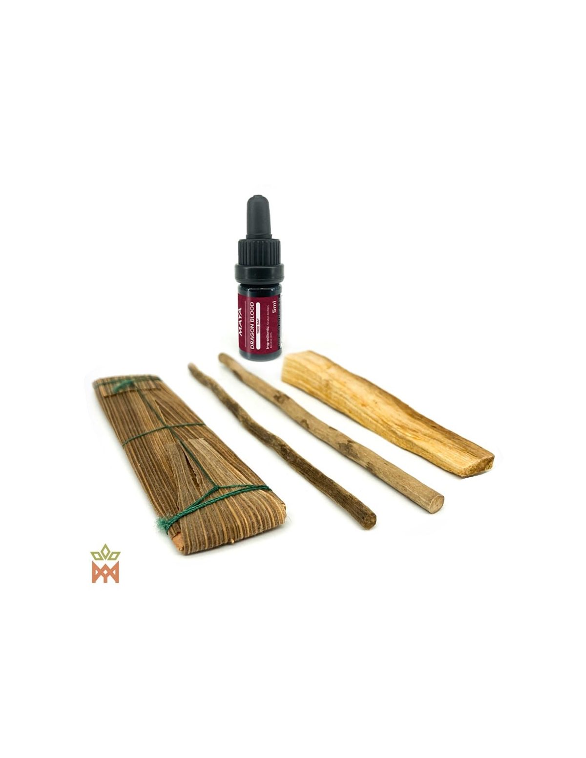 Ensemble kambo du Pérou – faisceau de lamelles, deux bâtonnets, palo santo et flacon de sang-de-dragon