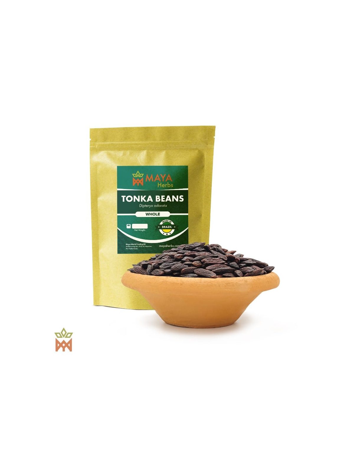 Fèves tonka – sachet Maya Herbs et graines entières de Dipteryx odorata dans un bol en terre cuite