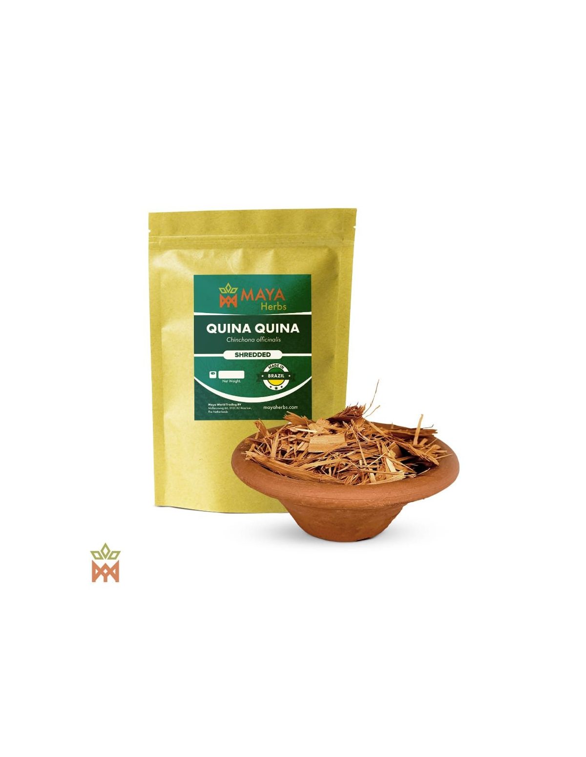 Quina quina – sachet Maya Herbs et écorce effilochée de Cinchona officinalis dans un bol en terre cuite