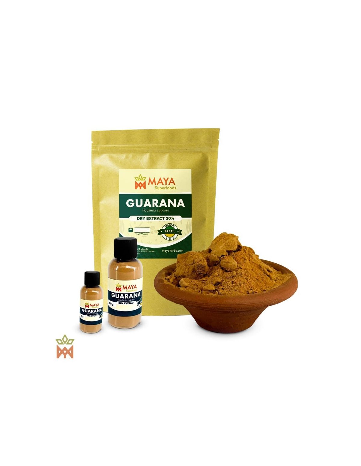 Guaraná du Brésil – Extrait sec de graines 20 %, Paullinia cupana – sachet, deux flacons et coupelle