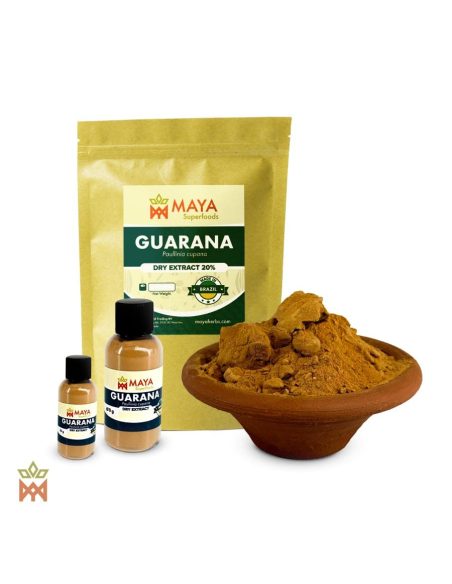 Guaraná du Brésil – Extrait sec de graines 20 %, Paullinia cupana – sachet, deux flacons et coupelle