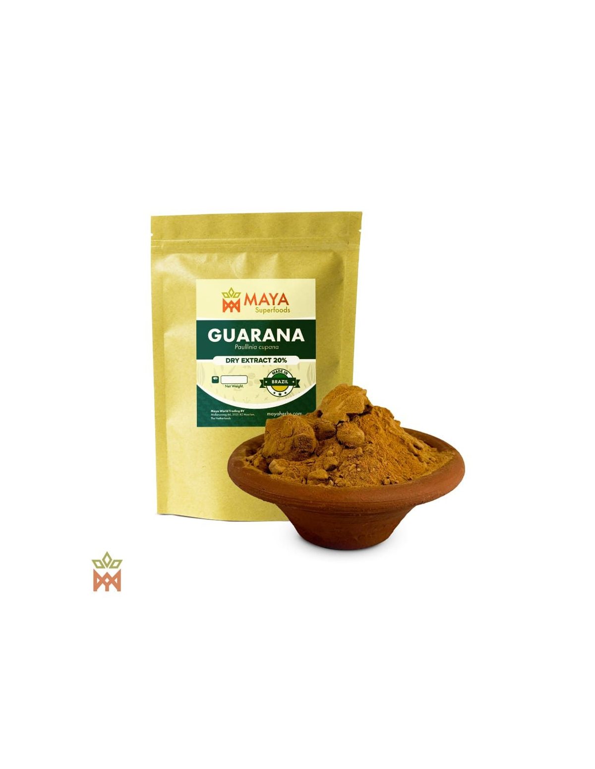 Guaraná du Brésil – Extrait sec de graines 20 %, Paullinia cupana – sachet kraft et coupelle d’extrait