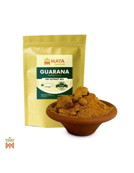 Guaraná du Brésil – Extrait sec de graines 20 %, Paullinia cupana – sachet kraft et coupelle d’extrait
