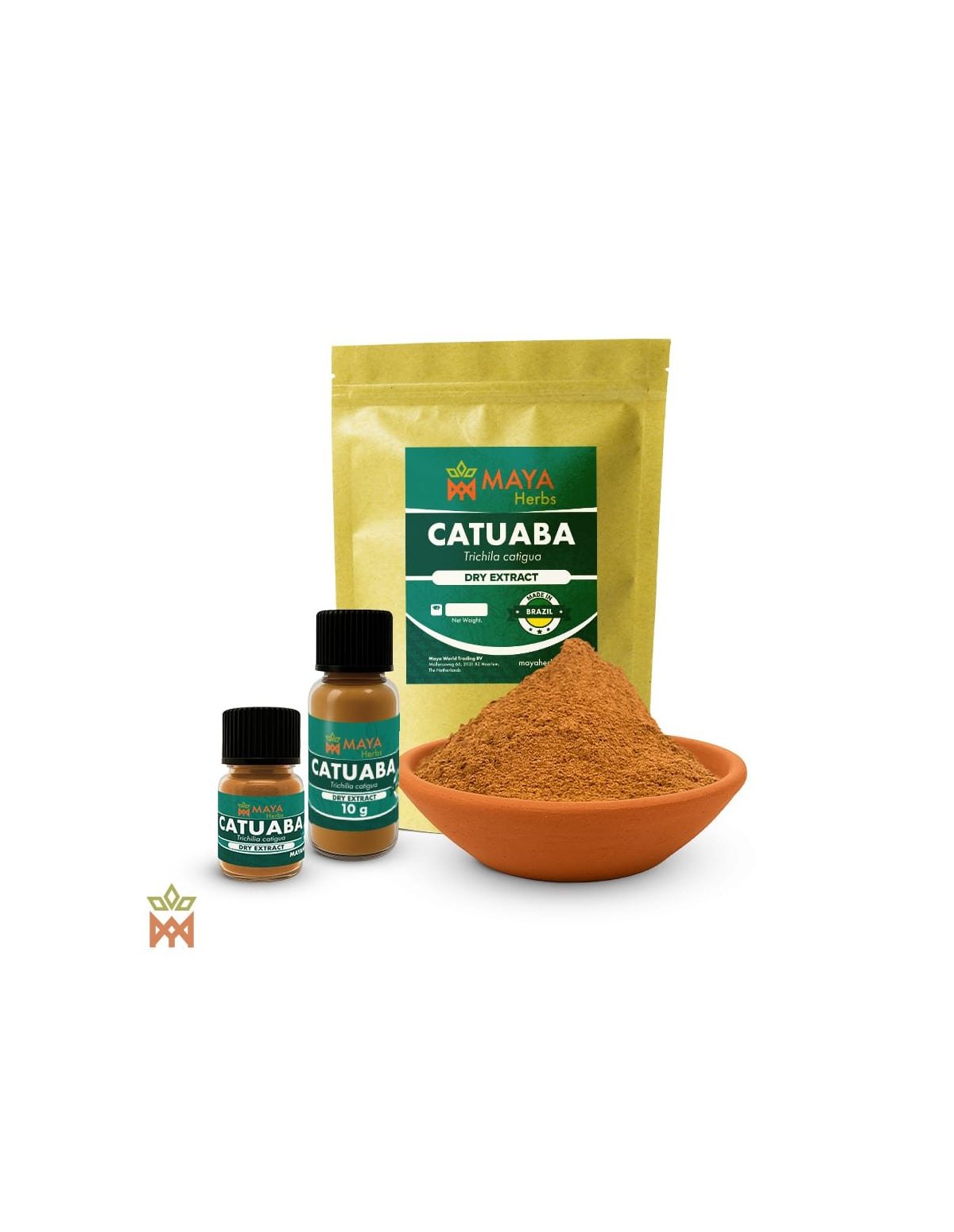Catuaba du Brésil – Extrait sec, Trichilia catigua – sachet, deux flacons et coupelle de poudre