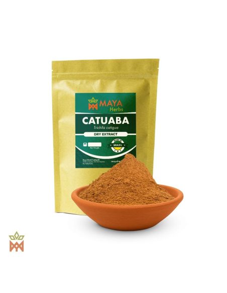 Catuaba du Brésil – Extrait sec, Trichilia catigua – sachet et poudre dans une coupelle en terre cuite