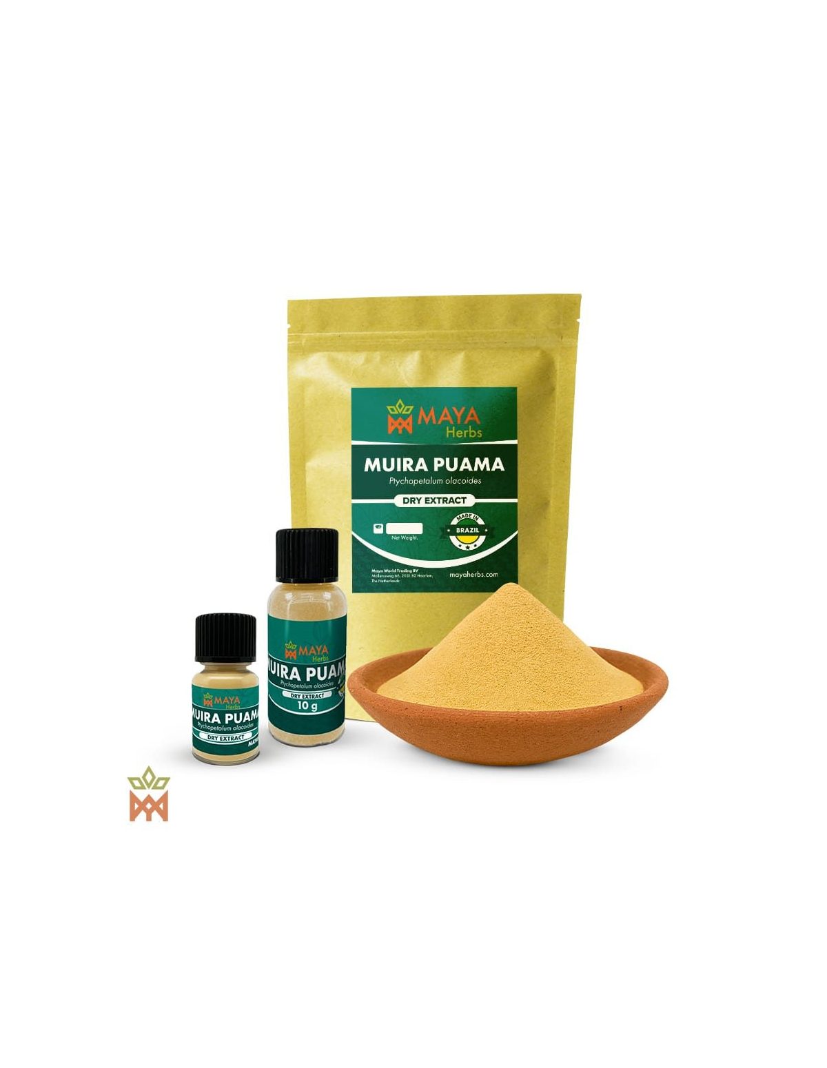 Extrait sec de muira puama (Ptychopetalum olacoides) – sachet Maya Herbs, deux flacons et poudre dans une coupelle
