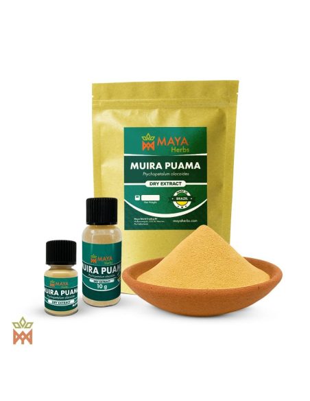 Extrait sec de muira puama (Ptychopetalum olacoides) – sachet Maya Herbs, deux flacons et poudre dans une coupelle