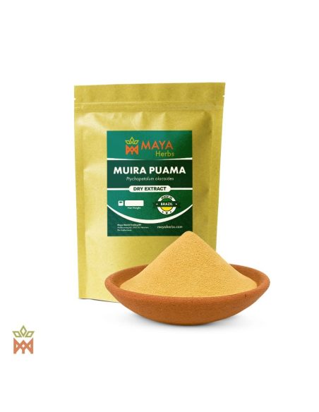 Extrait sec de muira puama, écorce et racine (Ptychopetalum olacoides) – sachet Maya Herbs et poudre dans une coupelle