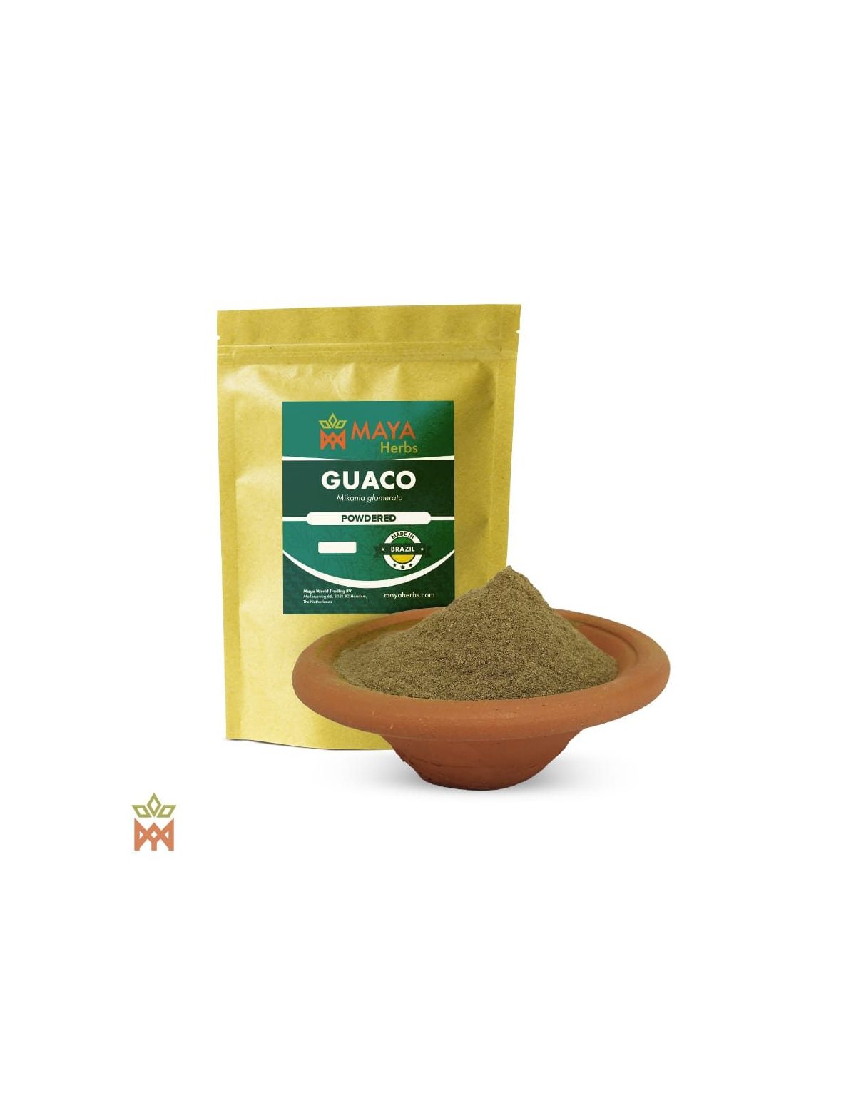 Guaco du Brésil – Feuille en poudre, Mikania glomerata – sachet et coupelle de poudre