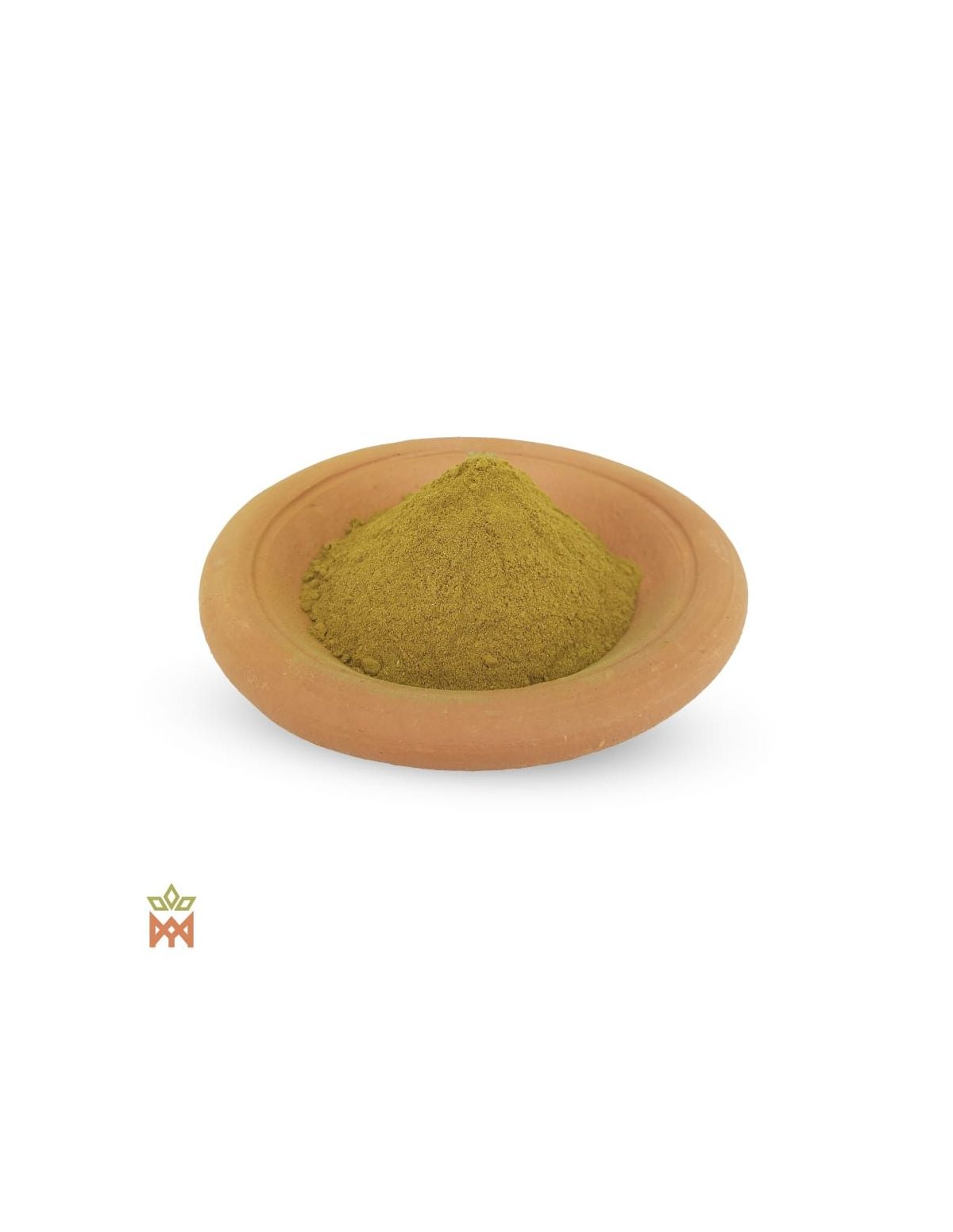 Graviola d’Afrique du Sud (Annona muricata) – poudre de feuilles vert olive dans une coupelle