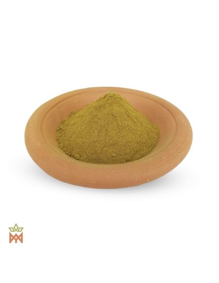 Graviola d’Afrique du Sud (Annona muricata) – poudre de feuilles vert olive dans une coupelle