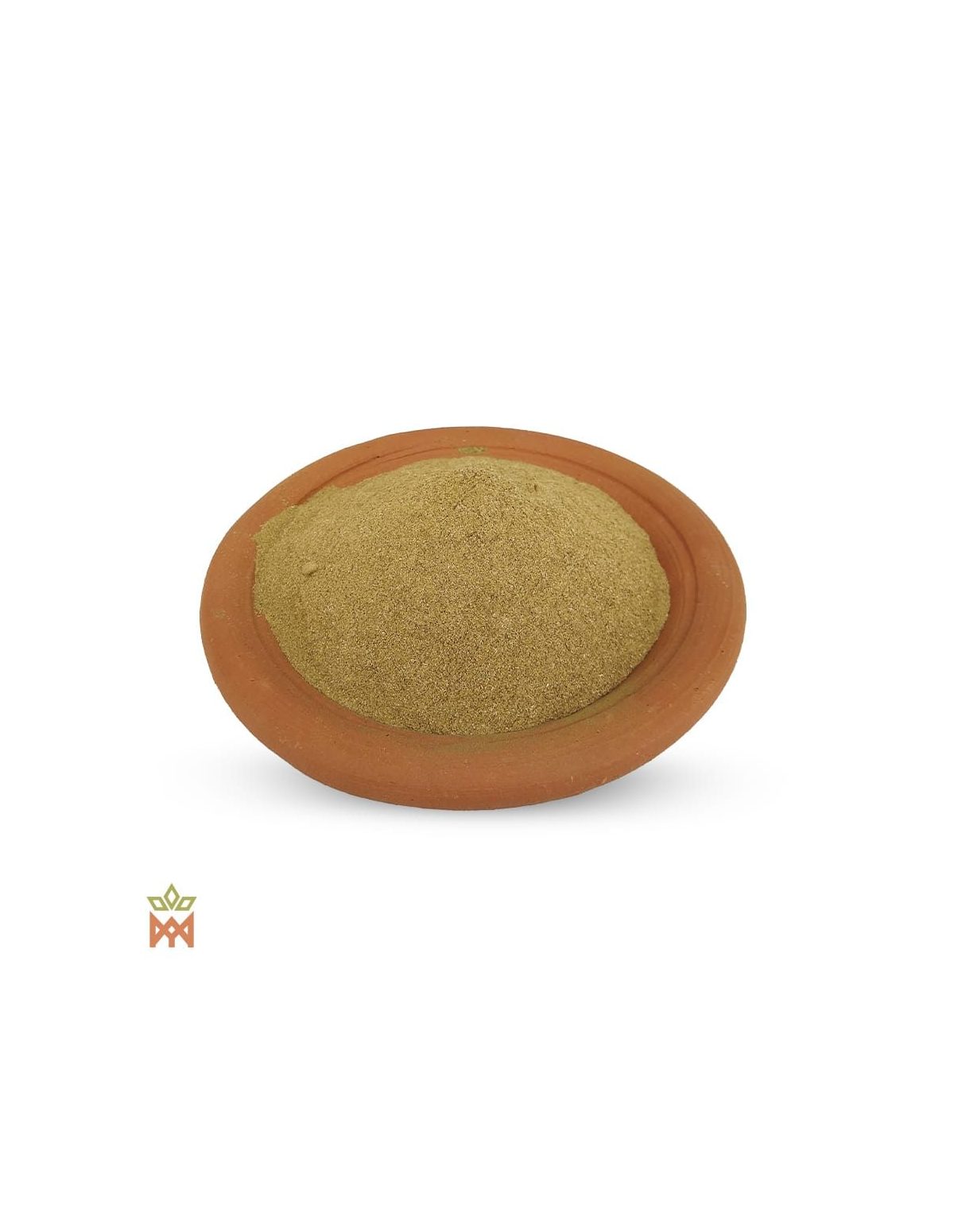 Espinheira santa du Brésil (Maytenus ilicifolia) – poudre de feuilles beige olive dans une coupelle