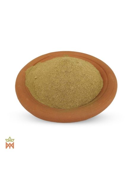 Espinheira santa du Brésil (Maytenus ilicifolia) – poudre de feuilles beige olive dans une coupelle