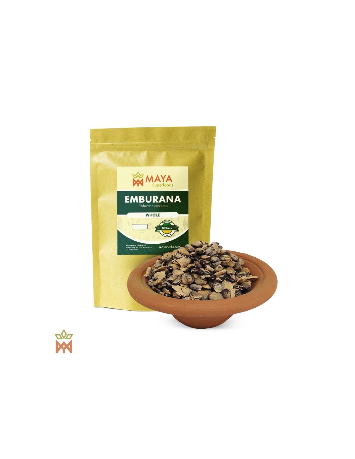 Emburana du Brésil – sachet Maya Superfoods et graines entières dans un bol en terre cuite