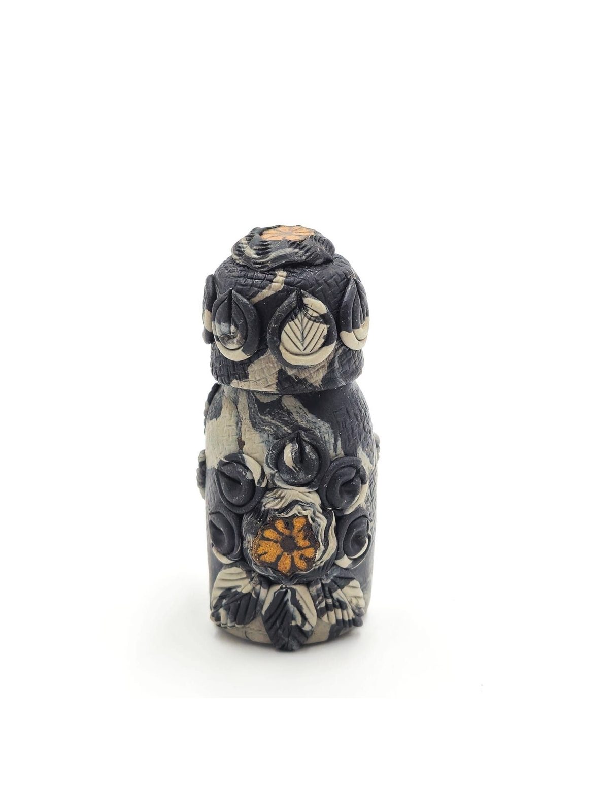 Flacon de conservation Tete Pawã, 10 ml – fermé, décor en relief et fleur orange