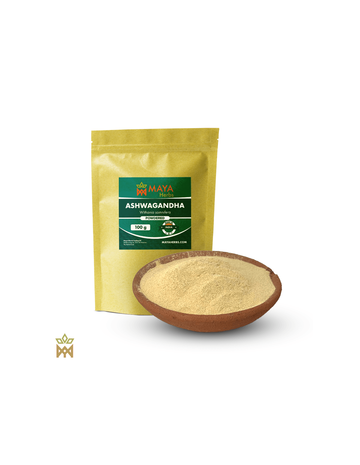 Ashwagandha d’Inde (Withania somnifera) – sachet Maya Herbs de 100 g et poudre de racine