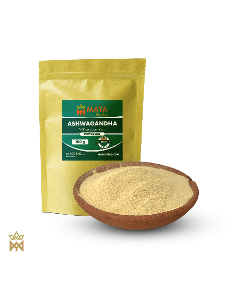 Ashwagandha d’Inde (Withania somnifera) – sachet Maya Herbs de 100 g et poudre de racine