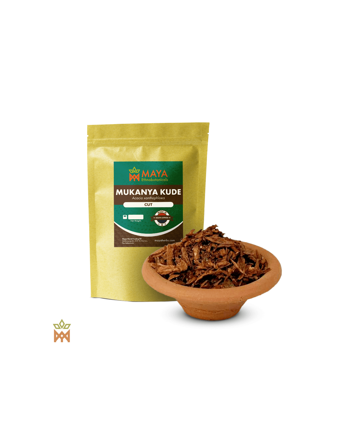 Arbre à fièvre sud-africain – Écorce coupée, Vachellia xanthophloea – sachet étiqueté et bol d’écorce coupée