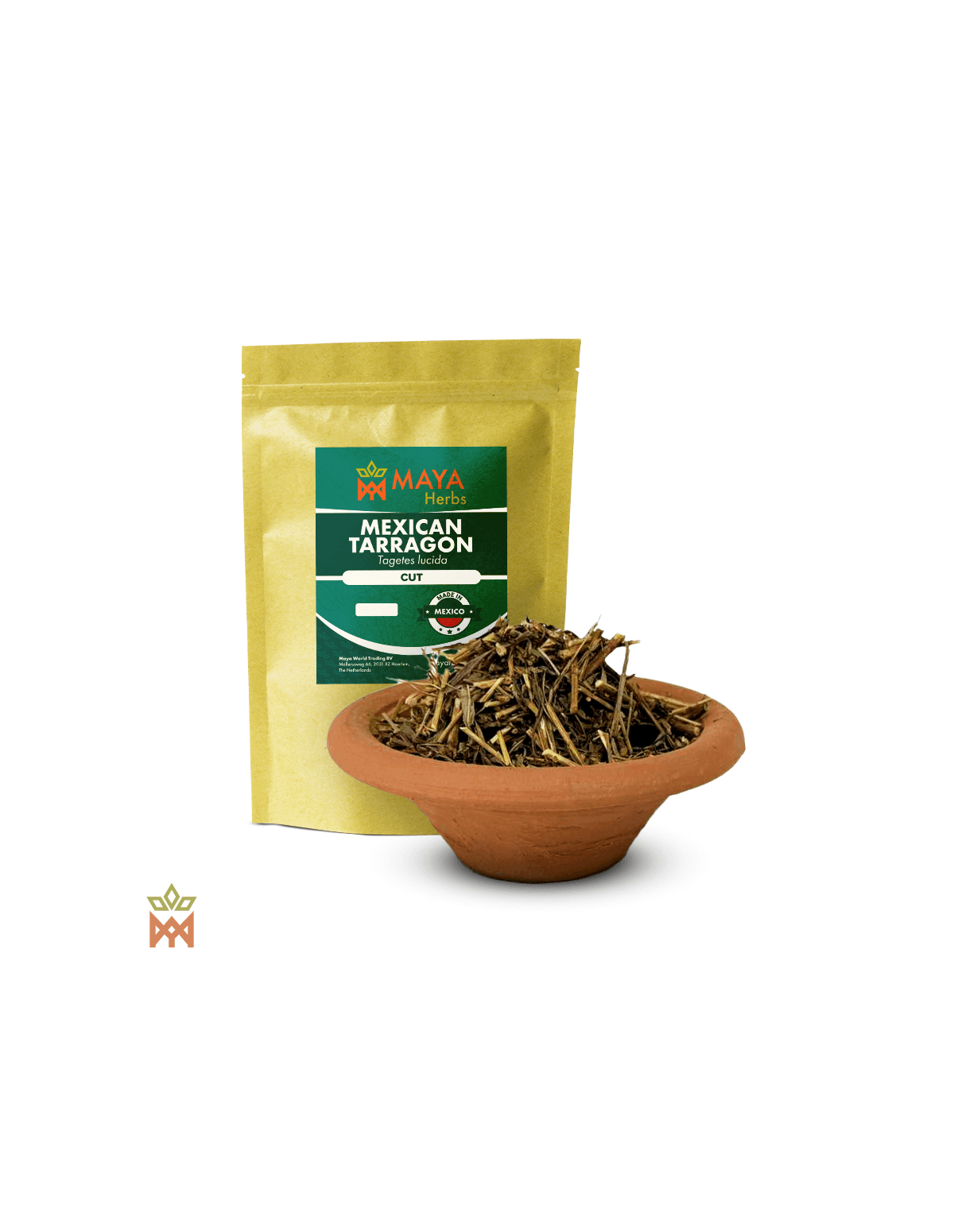 Estragon du Mexique – sachet Maya Herbs « Cut » et plante effilochée dans un bol en terre cuite
