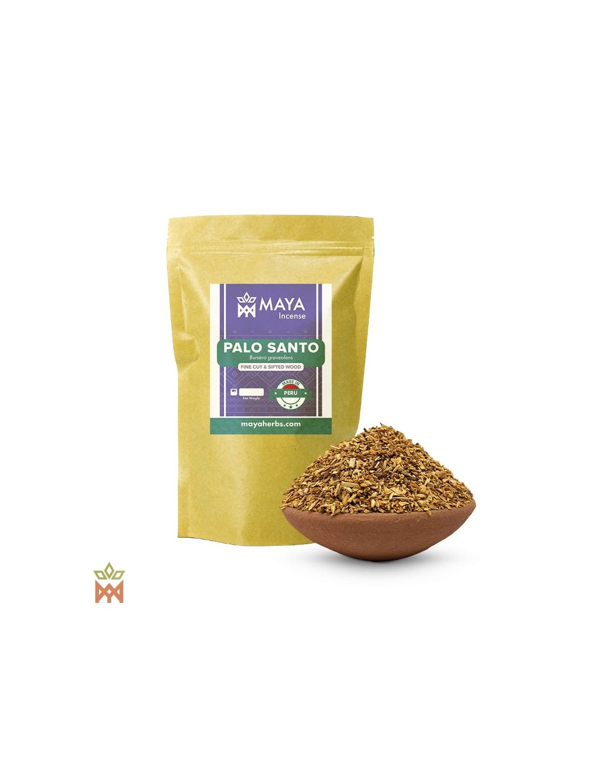 Palo santo du Pérou – Bois finement coupé, Bursera graveolens – sachet étiqueté et bol de bois coupé