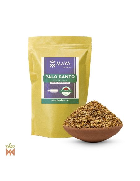 Palo santo du Pérou – Bois finement coupé, Bursera graveolens – sachet étiqueté et bol de bois coupé