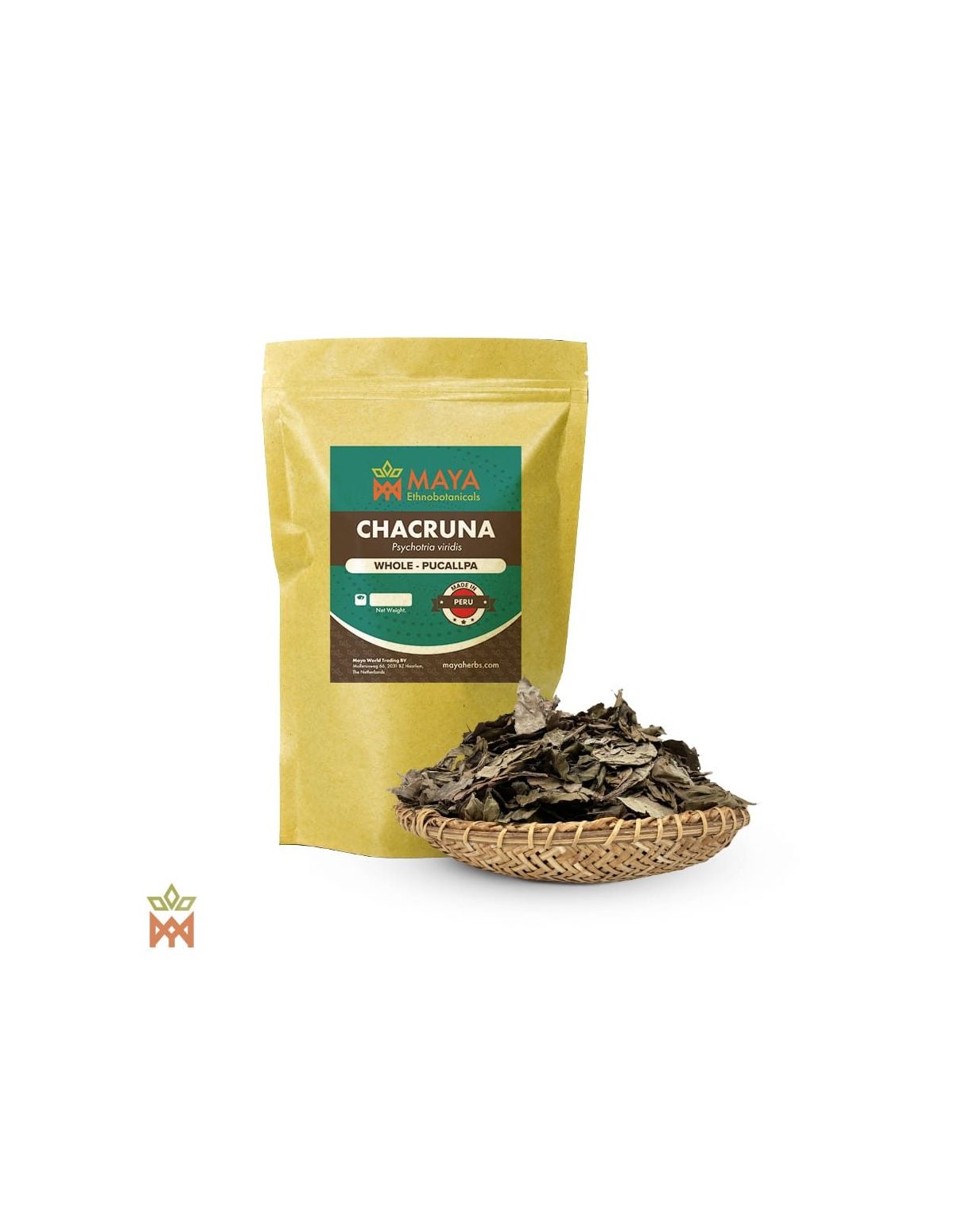 Chacruna Shipibo du Pérou – Feuilles entières, Psychotria viridis – sachet étiqueté et panier de feuilles