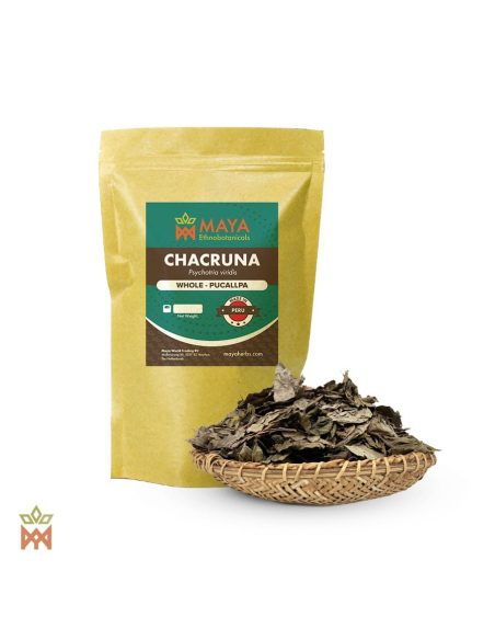 Chacruna Shipibo du Pérou – Feuilles entières, Psychotria viridis – sachet étiqueté et panier de feuilles