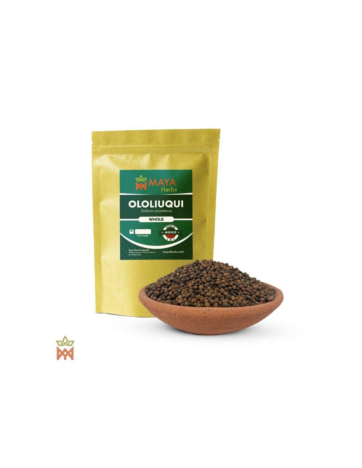 Ololiuqui du Mexique (Turbina corymbosa) – sachet Maya Herbs et graines entières dans une coupelle en terre cuite
