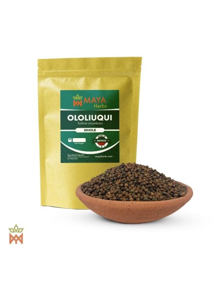 Ololiuqui du Mexique (Turbina corymbosa) – sachet Maya Herbs et graines entières dans une coupelle en terre cuite