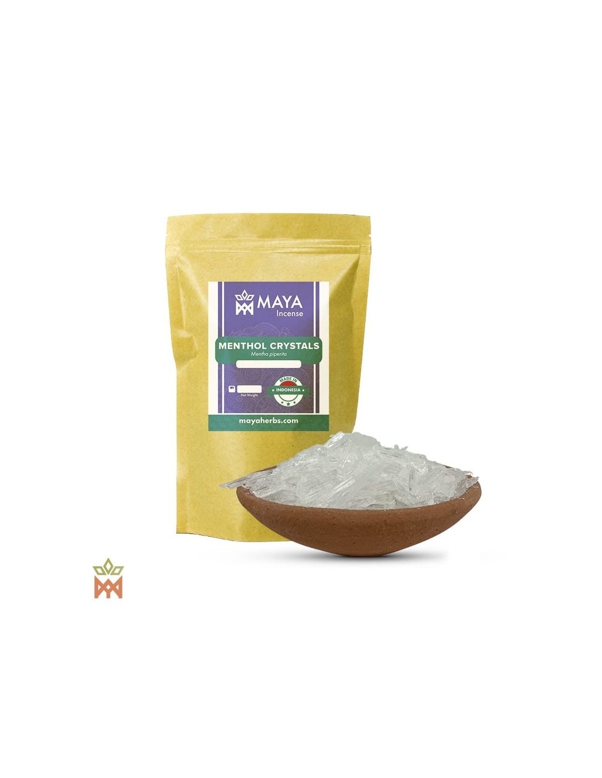 Menthol d’Indonésie – sachet étiqueté Menthol Crystals, Made in Indonesia, et bol en terre cuite de cristaux blancs