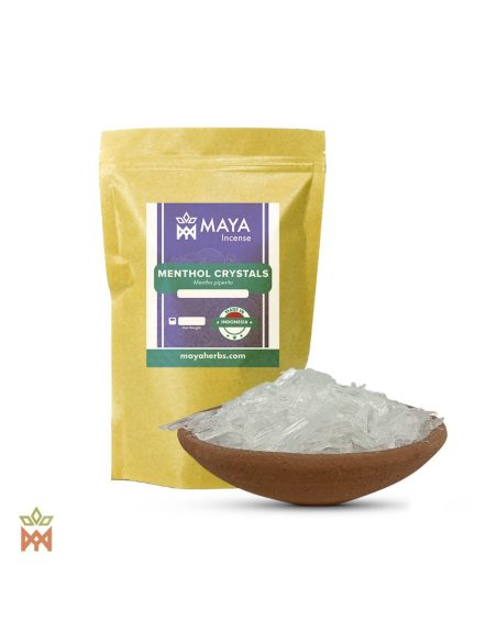 Menthol d’Indonésie – sachet étiqueté Menthol Crystals, Made in Indonesia, et bol en terre cuite de cristaux blancs