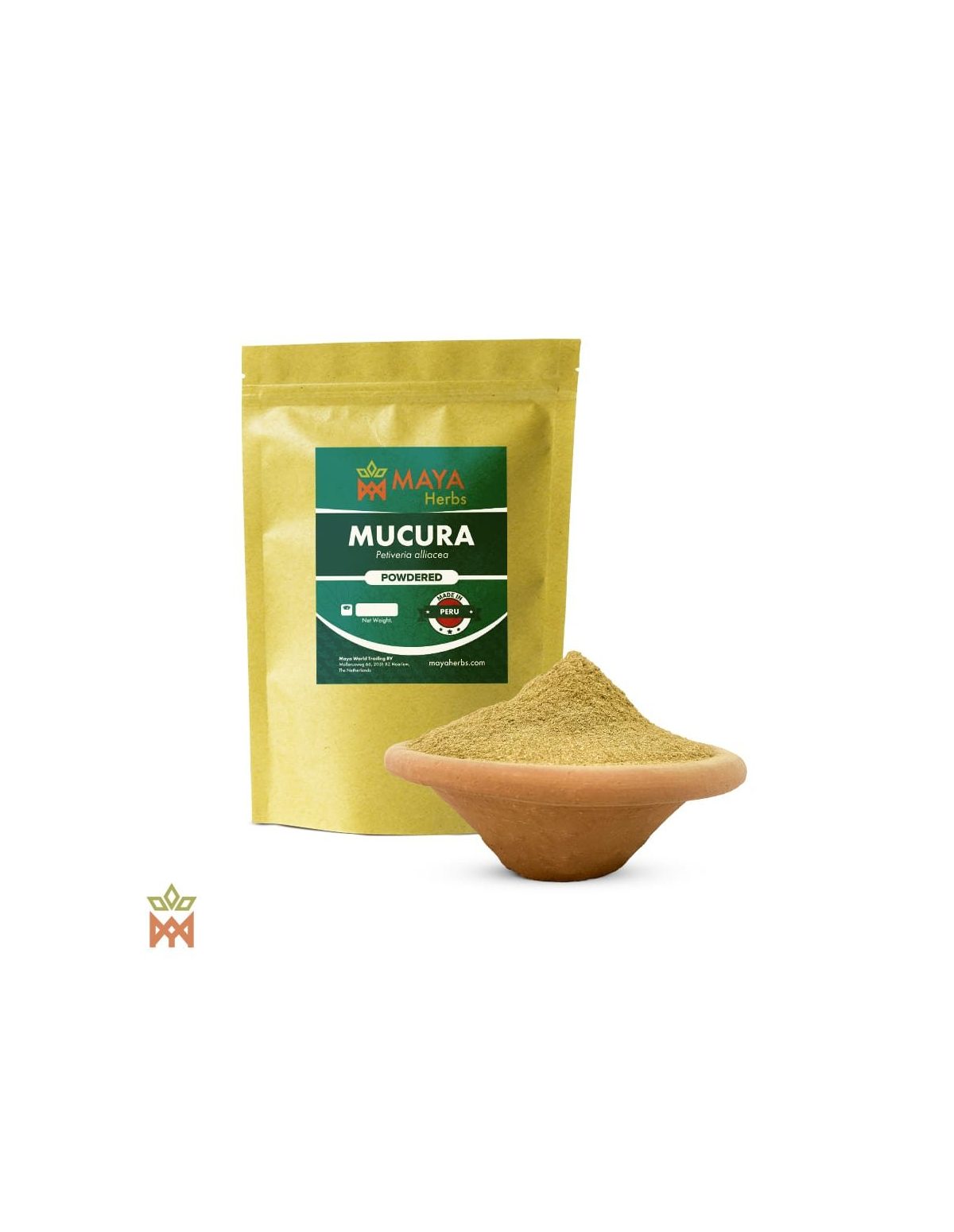 Mucura du Pérou – Feuilles en poudre, Petiveria alliacea – sachet étiqueté et bol de poudre de feuilles